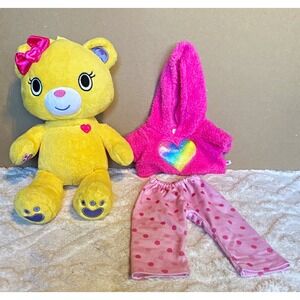 Build a Bear Yellow Plush Bear 10 in w/ Pink Hoodie & Polka Dot Pants Outfit